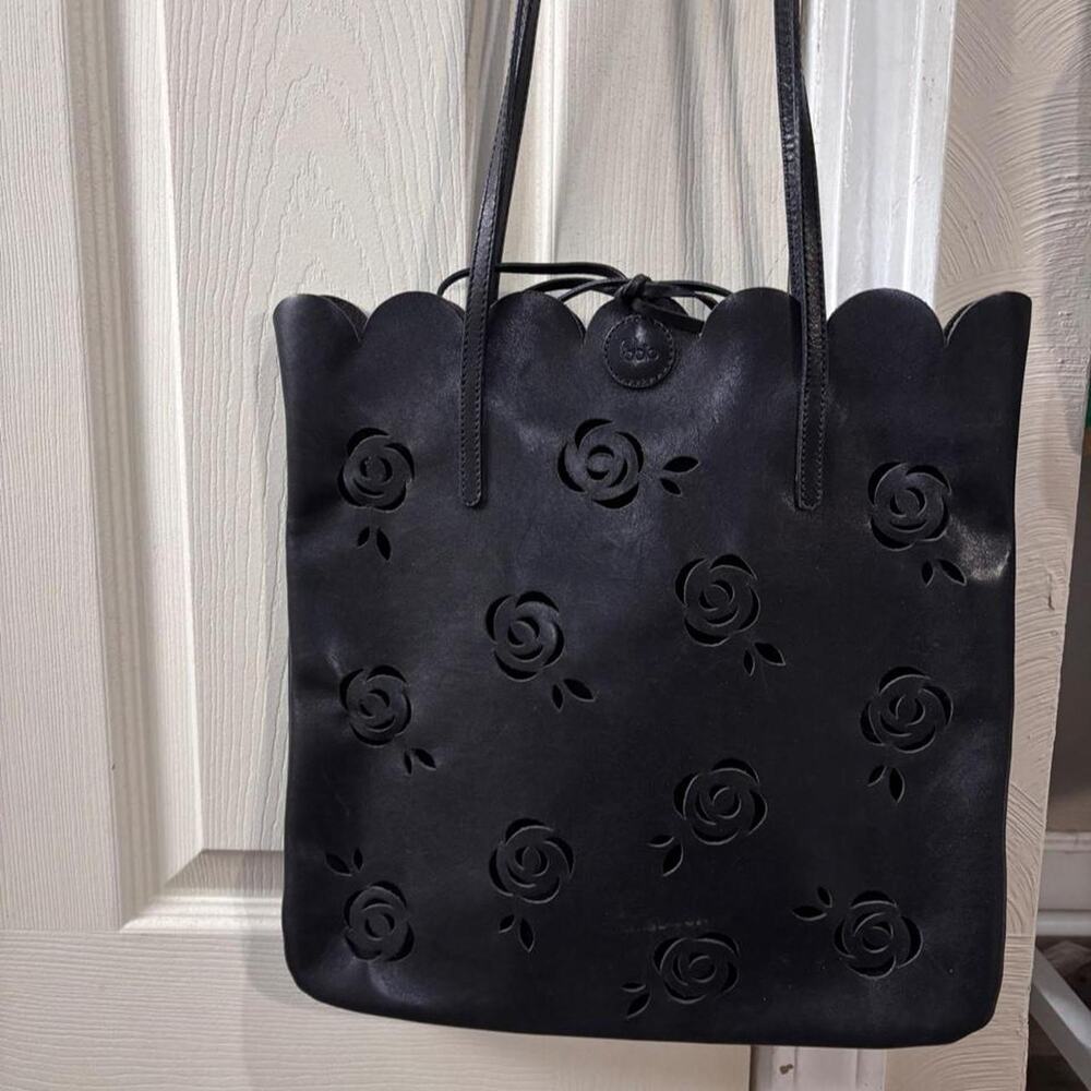 Black Rose Flower Cut Out Leather Tote Bag! Bucket Bag Fabio